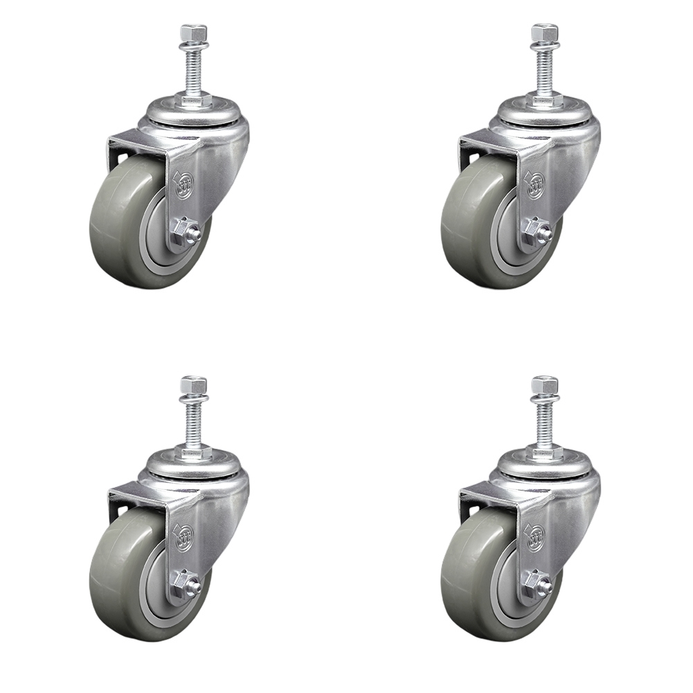 SCC-SSTS20S314-PPUB-381615-4 Stainless Steel Polyurethane Swivel Threaded Stem Caster with 3 x 1.25 in. Gray Wheels & 0.38 in. Stems - Set of 4