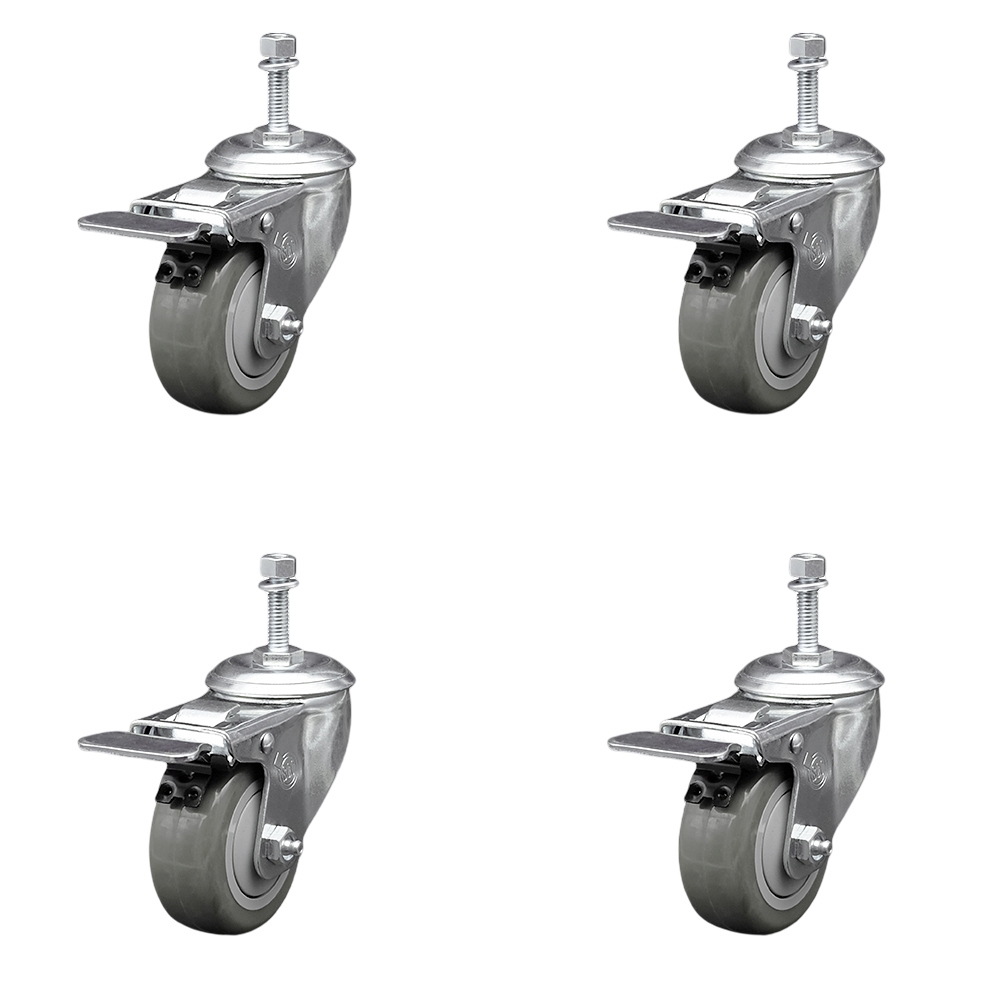SCC-TSTTL20S314-PPUB-M1015-4 Polyurethane Swivel Threaded Stem Caster with 3 x 1.25 in. Gray Wheels & 10 mm Stems - Set of 4