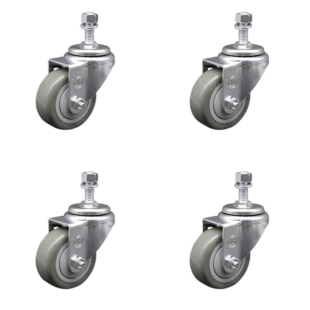 SCC-SSTS20S314-PPUB-M1215-4 Stainless Steel Polyurethane Swivel Threaded Stem Caster with 3 x 1.25 in. Gray Wheels & 12 mm Stems - Set of 4