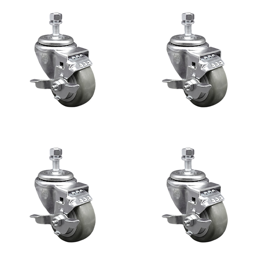 SCC-SSTS20S314-PPUB-TLB-M1215-4 Stainless Steel Polyurethane Swivel Threaded Stem Caster with 3 x 1.25 in. Gray Wheels & 12 mm Stems - Set of 4