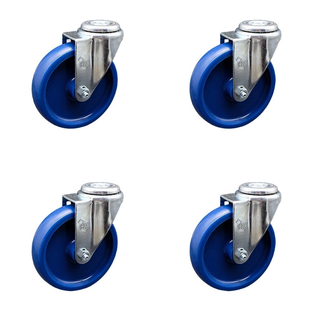 SCC-SSBH20S514-SPUS-4 Stainless Steel Solid Polyurethane Swivel Bolt Hole Caster with 5 x 1.25 in. Blue Wheels - Set of 4