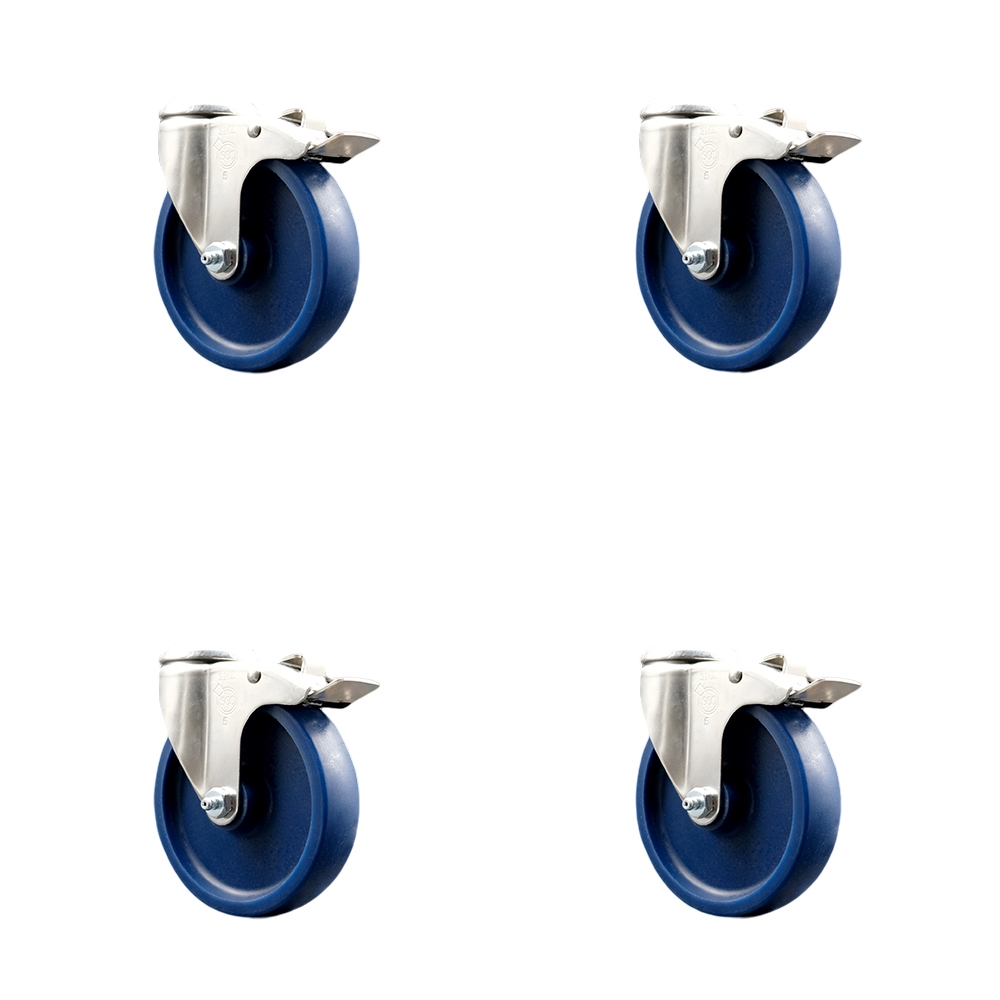 SCC-SS316BHTTL20S514-SPUS-4 Solid Poly Swivel Bolt Hole Caster with 5 in. Blue Caster Wheels - 316 Stainless Steel Caster - Set of 4