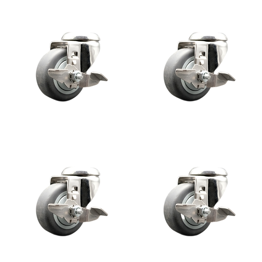 SCC-SS316BH20S314-TPRB-TLB-4 Thermoplastic Rubber Swivel Bolt Hole Caster with 3 in. Gray Caster Wheels - 316 Stainless Steel Caster - Set of 4