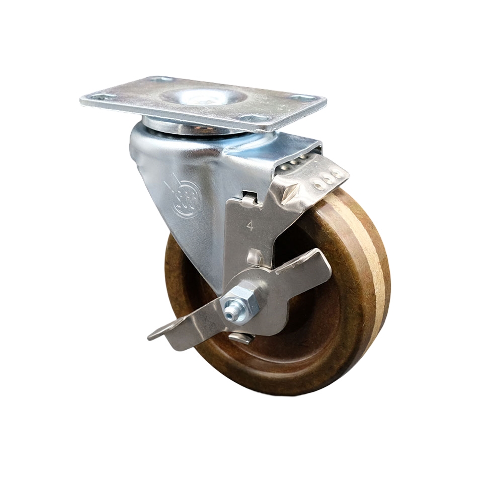 High Temperature Swivel Caster with Top Lock Brake 4 in. High Temperature Phenolic Wheel with Roller Bearing 3.13 x 4.13 in. Overall Top Plate