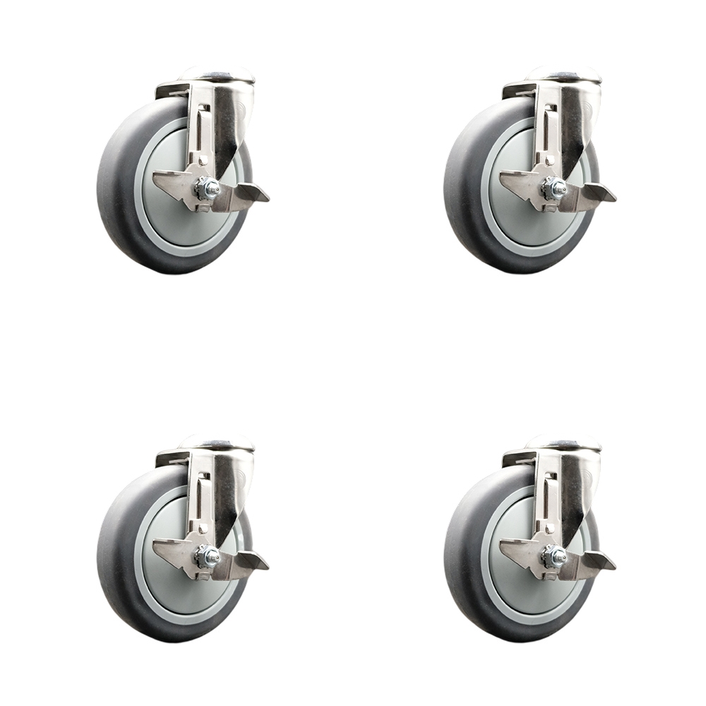 SCC-SS316BH20S514-TPRB-TLB-4 Thermoplastic Rubber Swivel Bolt Hole Caster with 5 in. Caster Wheels - 316 Stainless Steel Casters - Set of 4