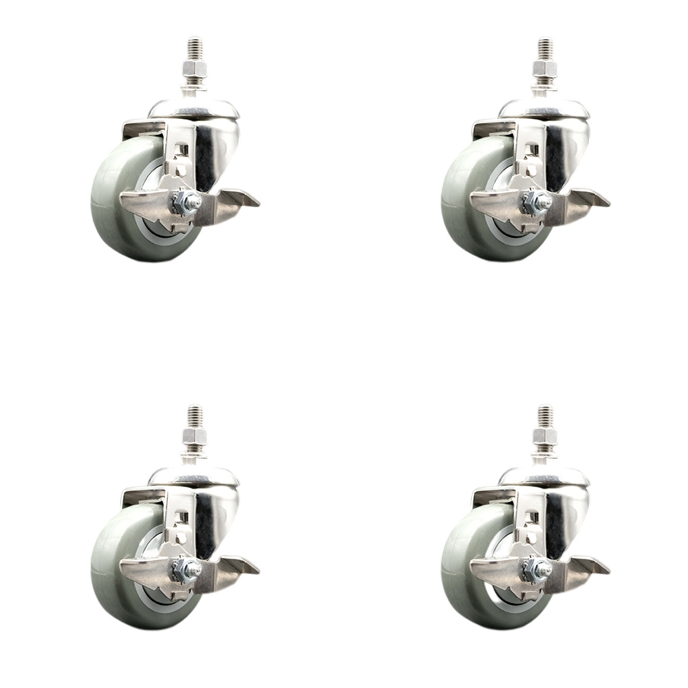 Polyurethane Swivel Stem Caster with 3 in. Gray Caster Wheels, 0.5 in. Threaded Stems - 316 Stainless Steel Casters - Set of 4