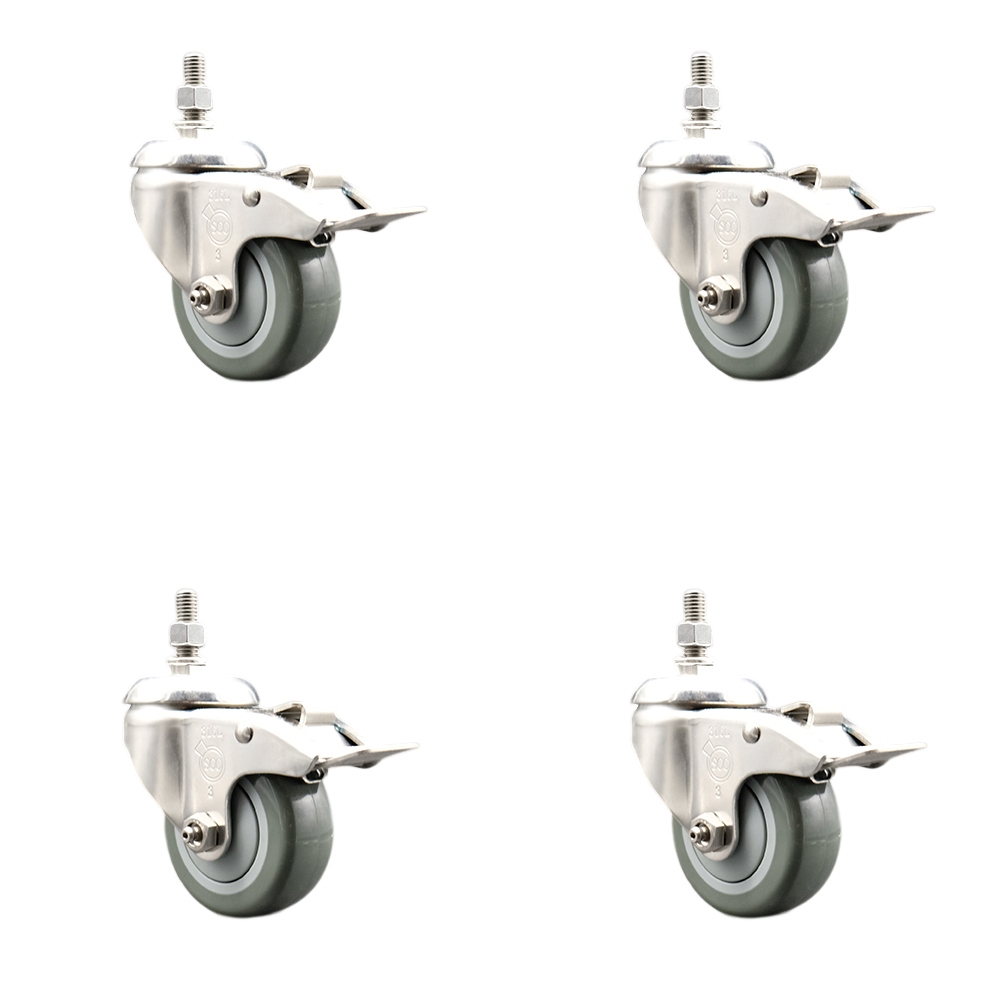 Polyurethane Swivel Stem Caster with 3.5 in. Gray Caster Wheels, 0.5 in. Threaded Stems - 316 Stainless Steel Casters - Set of 4