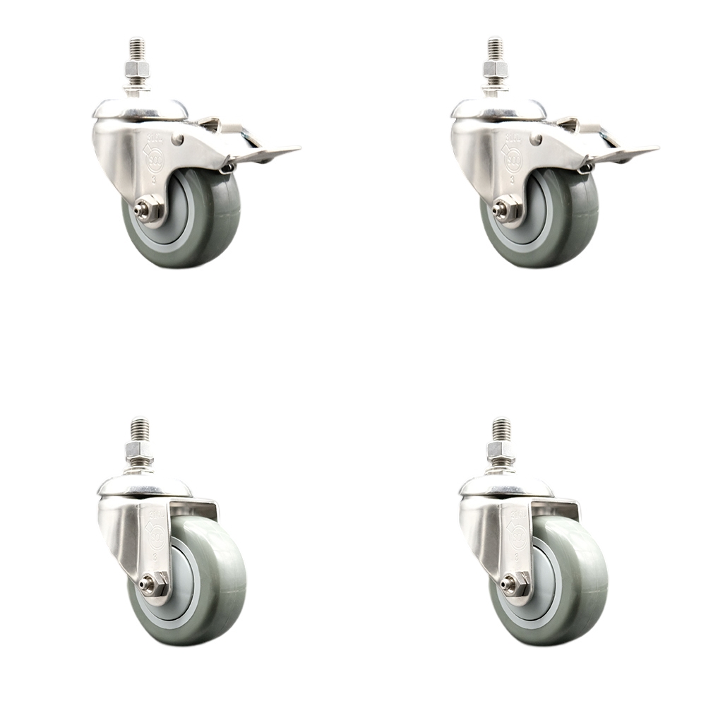Poly Swivel Stem Caster with 3.5 in. Gray Caster Wheels, 0.5 in. Threaded Stems - 316 Stainless Steel Casters - Set of 4