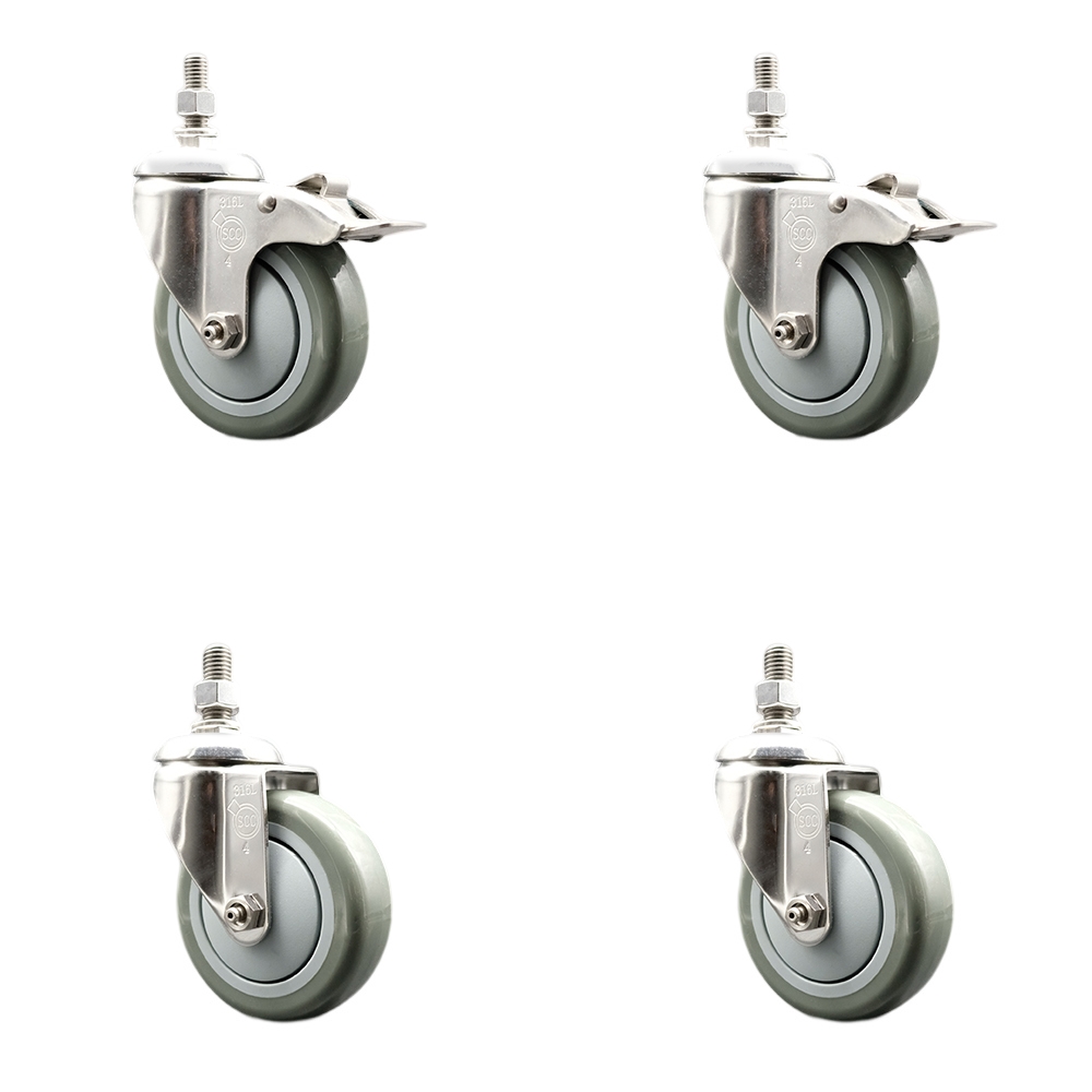 Poly Swivel Stem Caster with 4 in. Gray Caster Wheels, 0.38 in. Threaded Stems - 316 Stainless Steel Casters - Set of 4