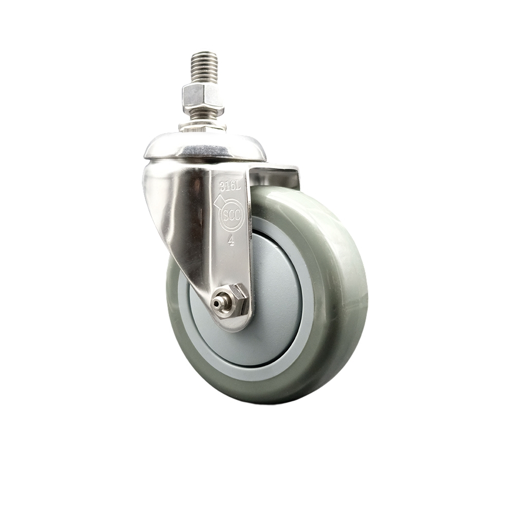SCC-SS316TS20S414-PPUB-M1015 Polyurethane Swivel Stem Caster with 4 in. Gray Caster Wheels, 10 mm Threaded Stem - 316 Stainless Steel Caster