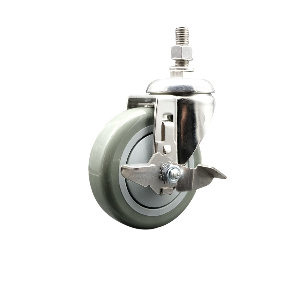 Polyurethane Swivel Stem Caster with 4 in. Gray Caster Wheels & Top Lock Brake, 10 mm Threaded Stem - 316 Stainless Steel Caster