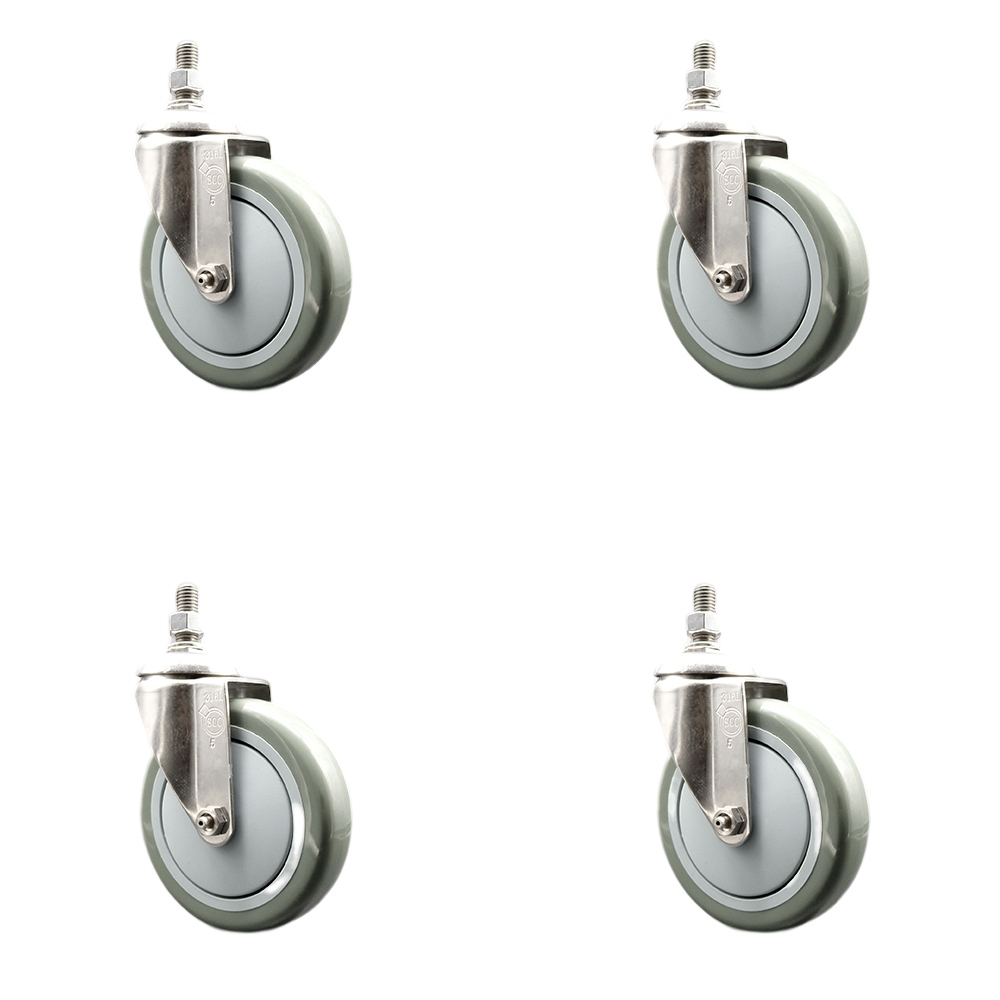 Polyurethane Swivel Stem Caster with 5 in. Gray Caster Wheels, 10 mm Threaded Stems - 316 Stainless Steel Casters - Set of 4