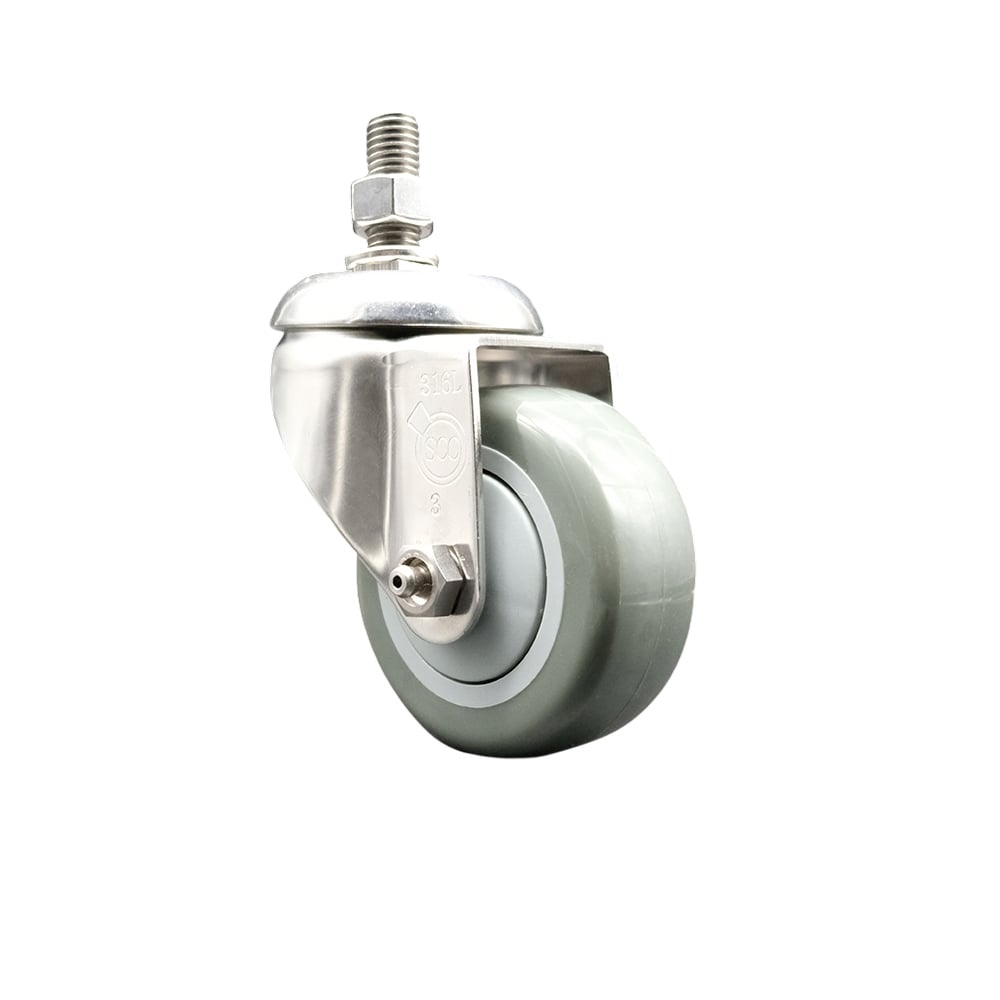 SCC-SS316TS20S314-PPUB-M1215 Polyurethane Swivel Stem Caster with 3 in. Gray Caster Wheels, 12 mm Threaded Stem - 316 Stainless Steel Caster
