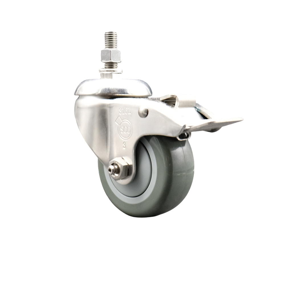 Polyurethane Swivel Stem Caster with 3 in. Gray Caster Wheels & Total Lock Brake, 12 mm Threaded Stem - 316 Stainless Steel Caster
