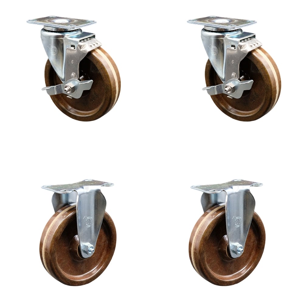High Temperature Caster with 2 Brakes & 2 Rigid 5 in. High Temperature Phenolic Wheel 4 x 4.5 in. Overall Top Plate - Set of 4