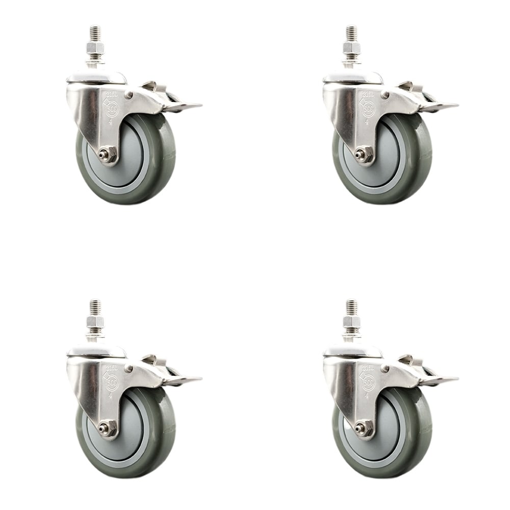 Polyurethane Swivel Stem Caster with 4 in. Gray Caster Wheels, 12 mm Threaded Stems - 316 Stainless Steel Casters - Set of 4