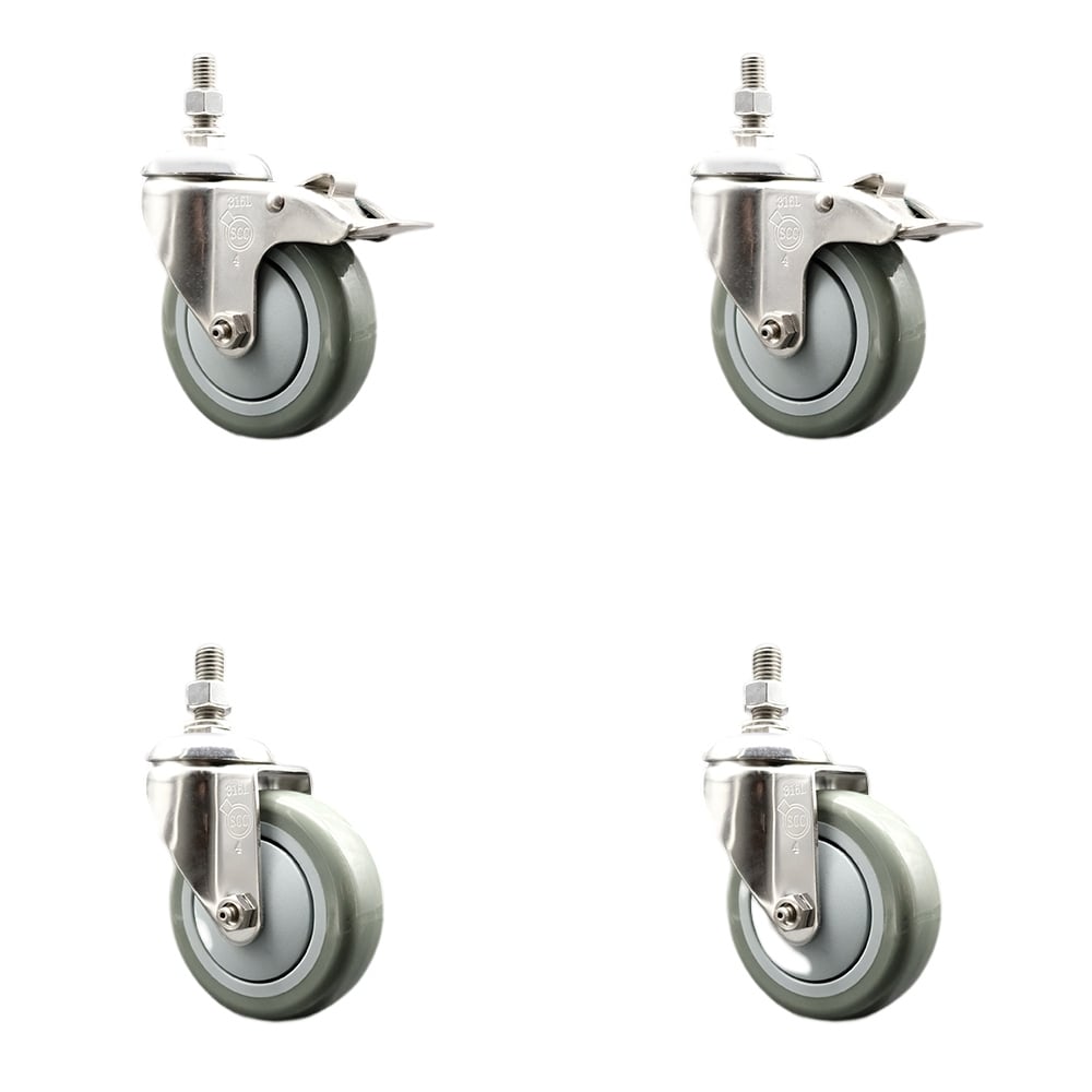 Poly Swivel Stem Caster with 4 in. Gray Caster Wheels, 12 mm Threaded Stems - 316 Stainless Steel Casters - Set of 4