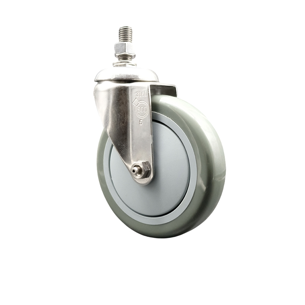 SCC-SS316TS20S514-PPUB-M1215 Polyurethane Swivel Stem Caster with 5 in. Gray Caster Wheels, 12 mm Threaded Stem - 316 Stainless Steel Caster