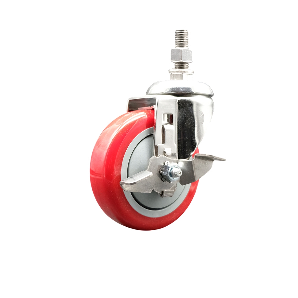 Polyurethane Swivel Stem Caster with 4 in. Red Caster Wheels & Top Lock Brake, 0.5 in. Threaded Stem - 316 Stainless Steel Caster