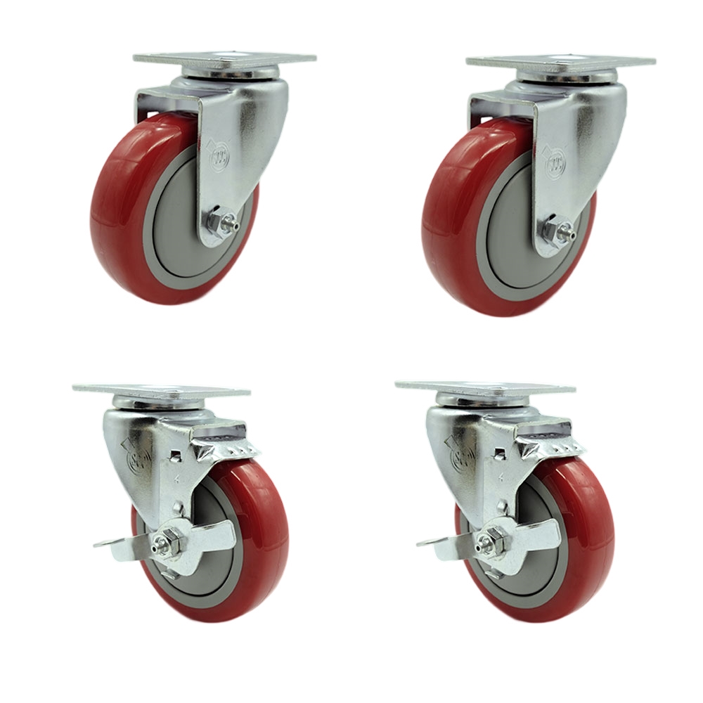 SCC-20S414-PPUB-RED-2-TLB-2 Polyurethane Swivel Top Plate Caster with 4 in. Red Wheels - Set of 4