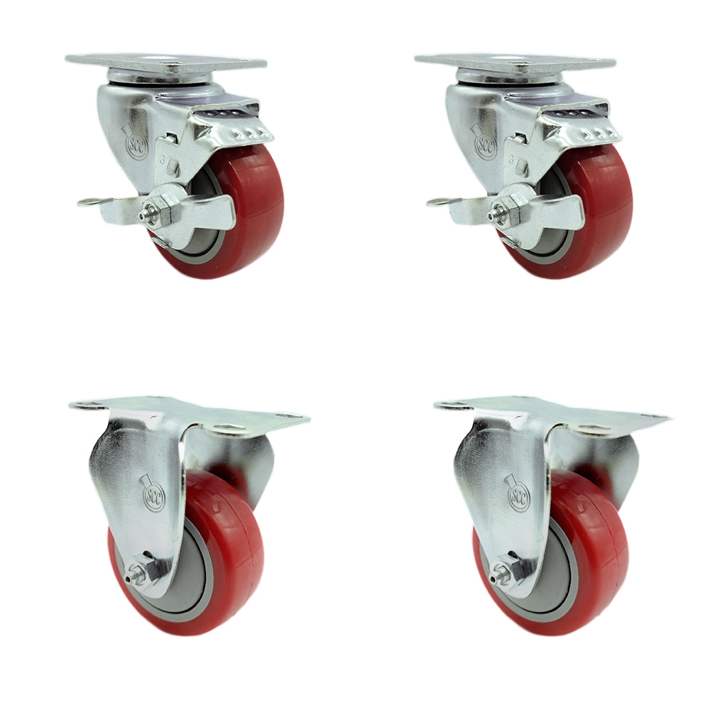 SCC-SS20S314-PPUB-RED-TLB-2-R314-2 Stainless Steel Polyurethane Swivel Top Plate Caster with 3 x 1.25 in. Red Wheels - Set of 4