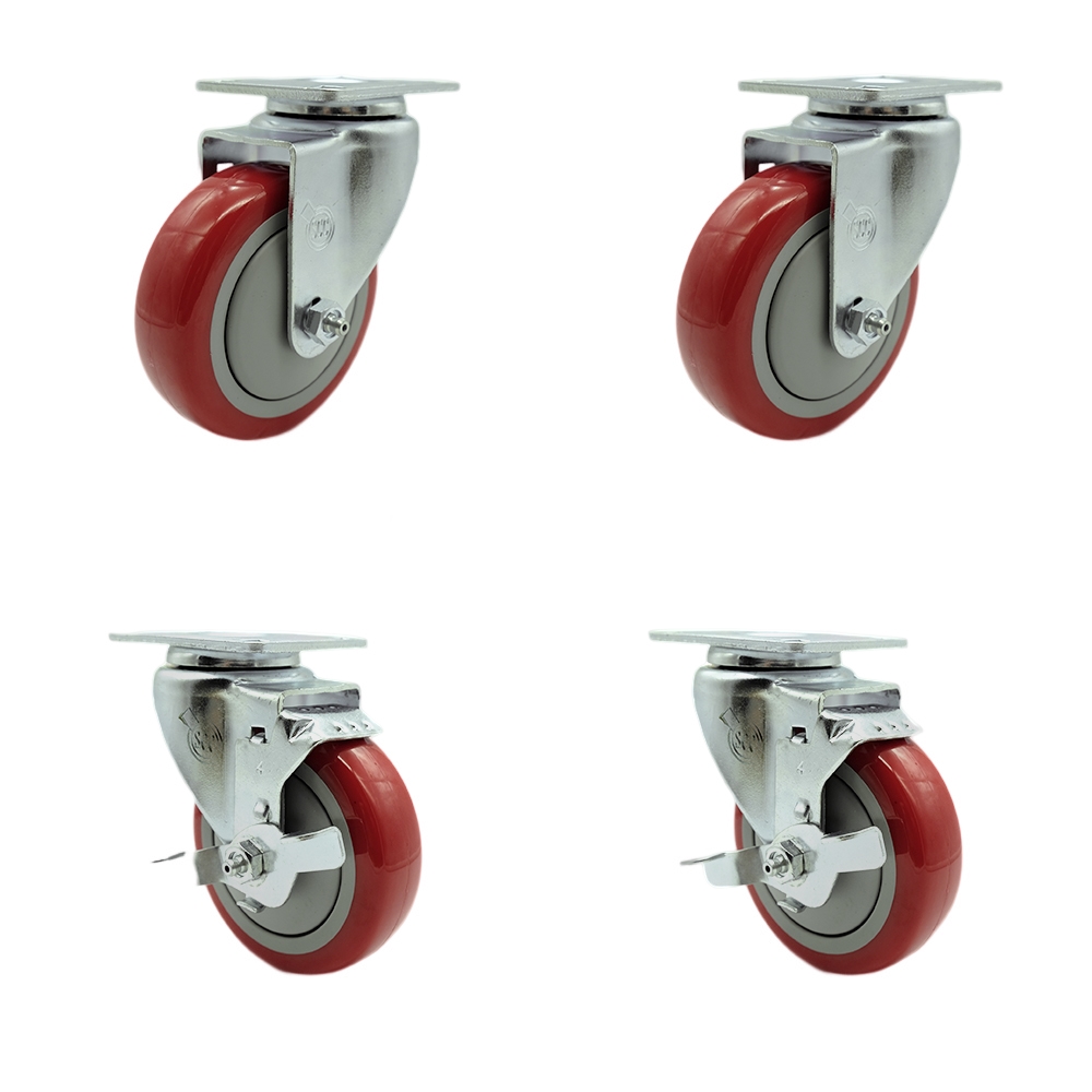 SCC-SS20S414-PPUB-RED-2-TLB-2 Stainless Steel Polyurethane Swivel Top Plate Caster with 4 x 1.25 in. Red Wheels - Set of 4