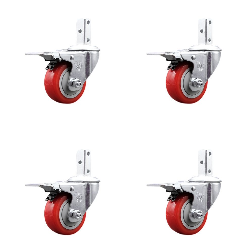 Swivel Square Stem Caster with 3 x 1.25 in. Red Poly Wheel, 0.75 x 2 in. Square Stem with 3 0.26 in. Diameter Mounting Holes - Set of 4