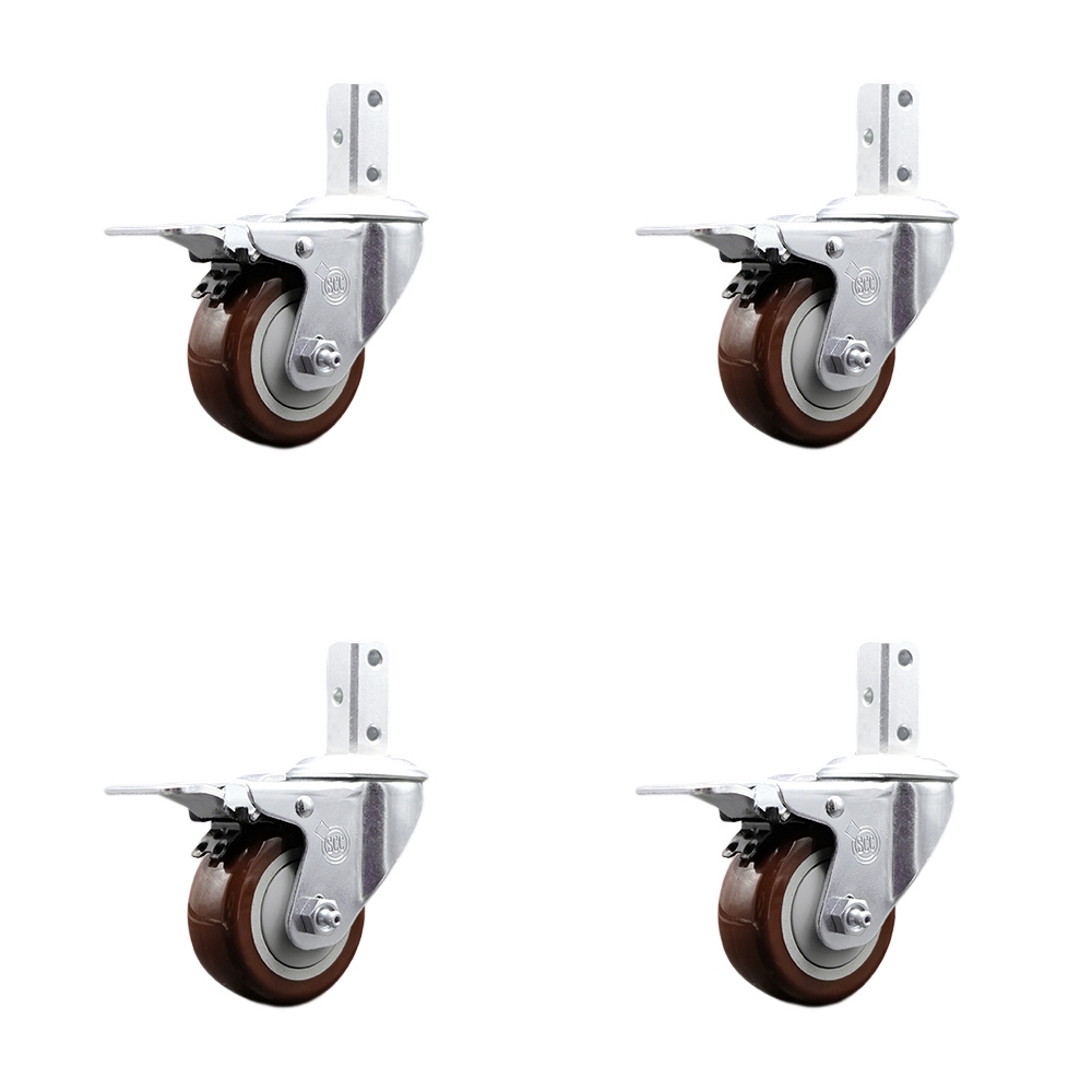Swivel Square Stem Caster with 3.5 x 1.25 in. Maroon Poly Wheel, 0.75 x 2 in. Square Stem with 3 0.26 in. Diameter Mounting Holes - Set of 4