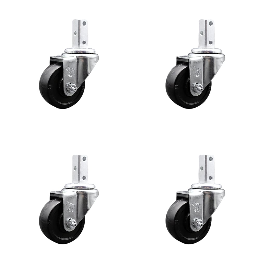 Swivel Square Stem Caster with 3 x 1.25 in. Black Soft Rubber Wheel, 0.87 x 2 in. Square Stem with 3 0.26 in. Diameter Mounting Holes - Set of 4