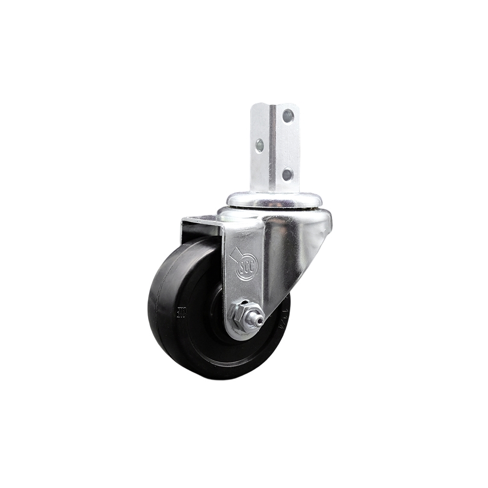 Swivel Square Stem Caster with 3.5 x 1.25 in. Black Soft Rubber Wheel, 0.75 x 2 in. Square Stem with 3 0.26 in. Diameter Mounting Holes