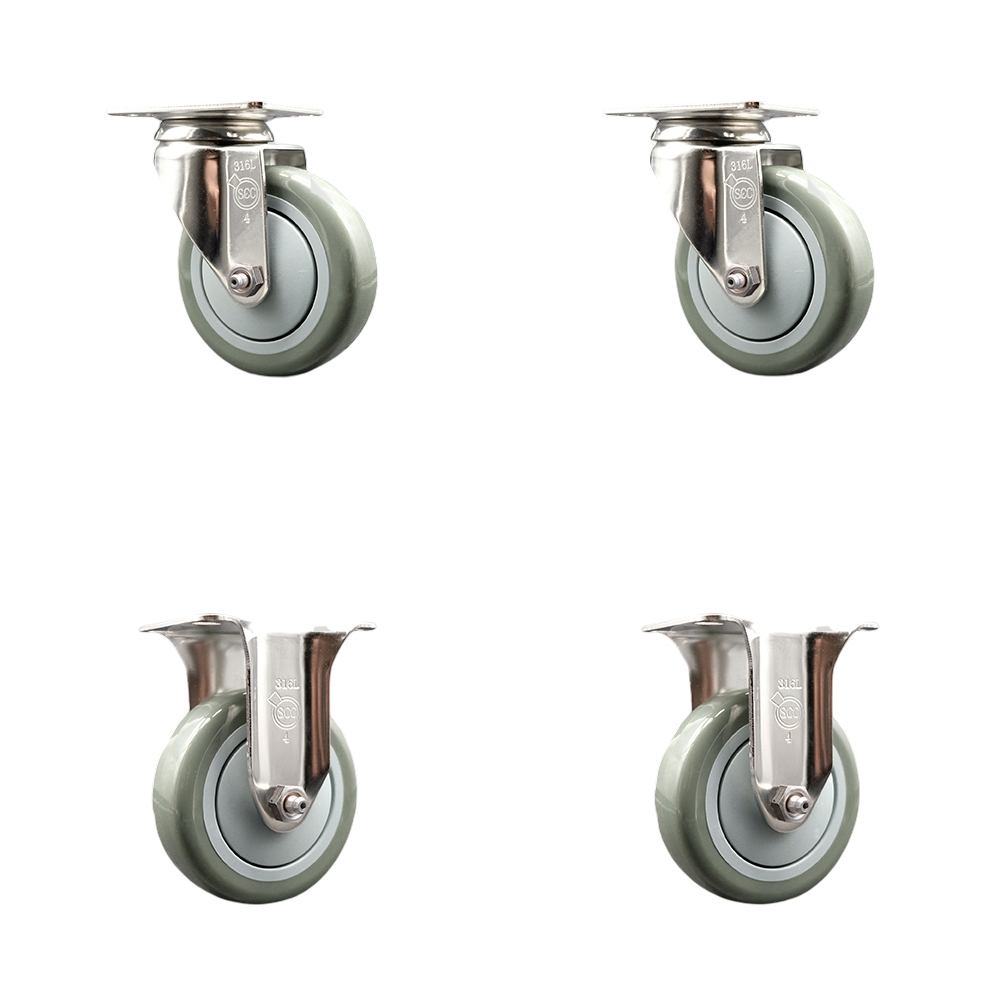 SCC-SS31620S414-PPUB-2-R-2 Polyurethane Swivel Top Plate Caster with 4 in. 316 Stainless Steel Gray Wheels - Set of 4