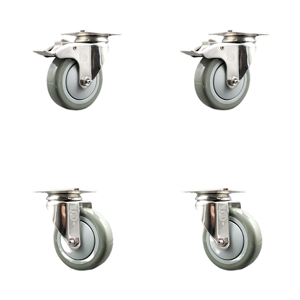 SCC-SS316TTL20S414-PPUB-2-S-2 Polyurethane Swivel Top Plate Caster with 4 in. 316 Stainless Steel Gray Wheels - Set of 4