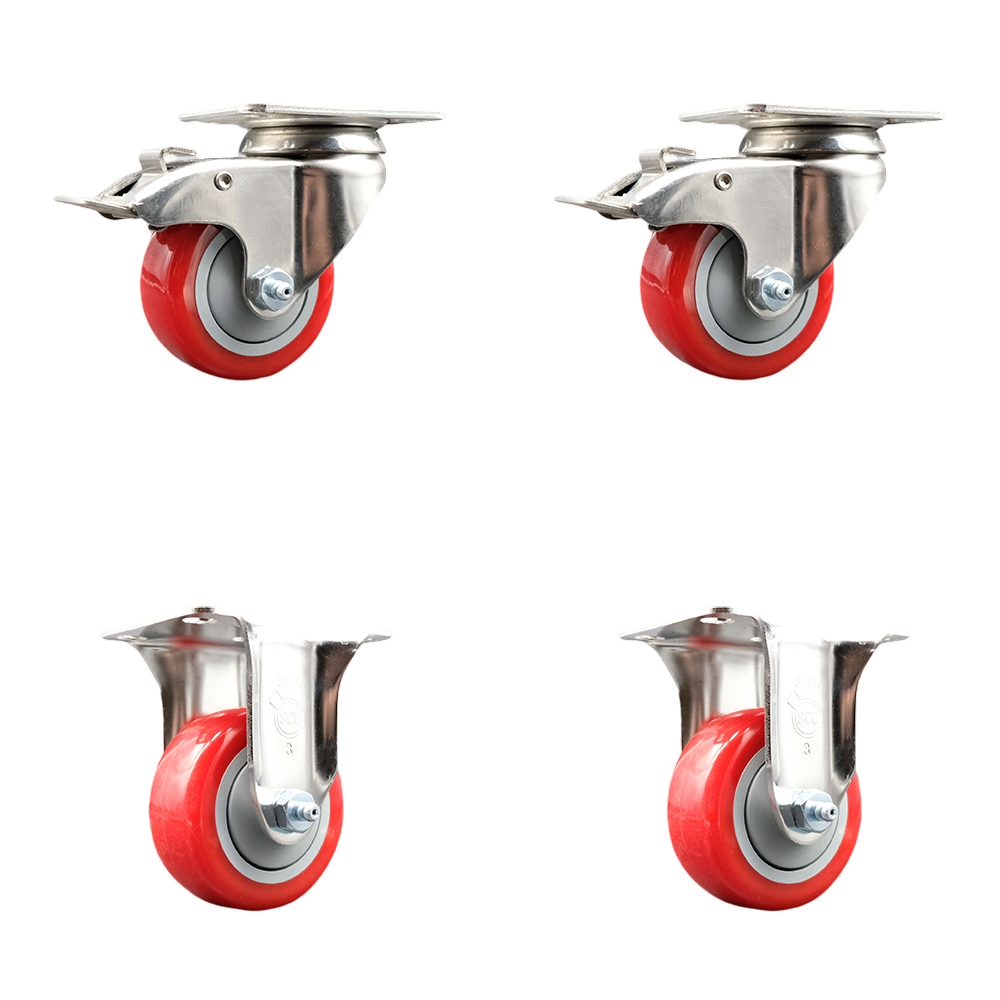 SCC-SS316TTL20S314-PPUB-RED-2-R-2 Polyurethane Swivel Top Plate Caster with 3 in. 316 Stainless Steel Red Wheels - Set of 4