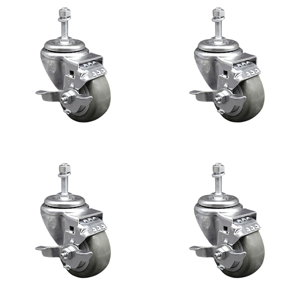 SCC-SSTS20S3514-PPUB-TLB-M1015-4 Stainless Steel Polyurethane Swivel Threaded Stem Caster with 3.5 x 1.25 in. Gray Wheels & 10 mm Stems - Set of 4