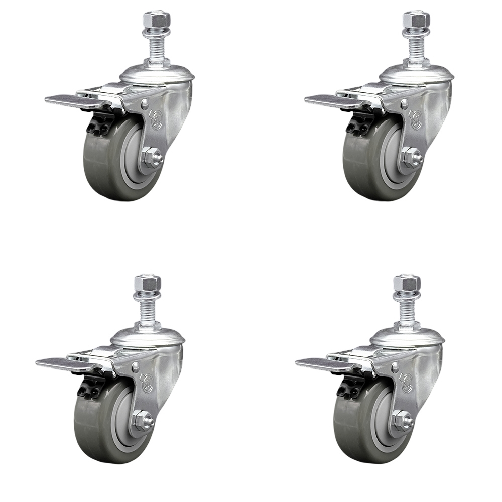 SCC-SSTSTTL20S3514-PPUB-M1215-4 Stainless Steel Polyurethane Swivel Threaded Stem Caster with 3.5 x 1.25 in. Gray Wheels & 12 mm Stems - Set of 4