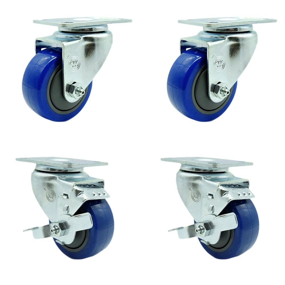 SCC-20S314-PPUB-BLUE-TP2-2-TLB-2 Swivel Caster with 2 Brakes 3 in. Blue Polyurethane Wheel 3.13 x 4.13 in. Overall Top Plate - Set of 4