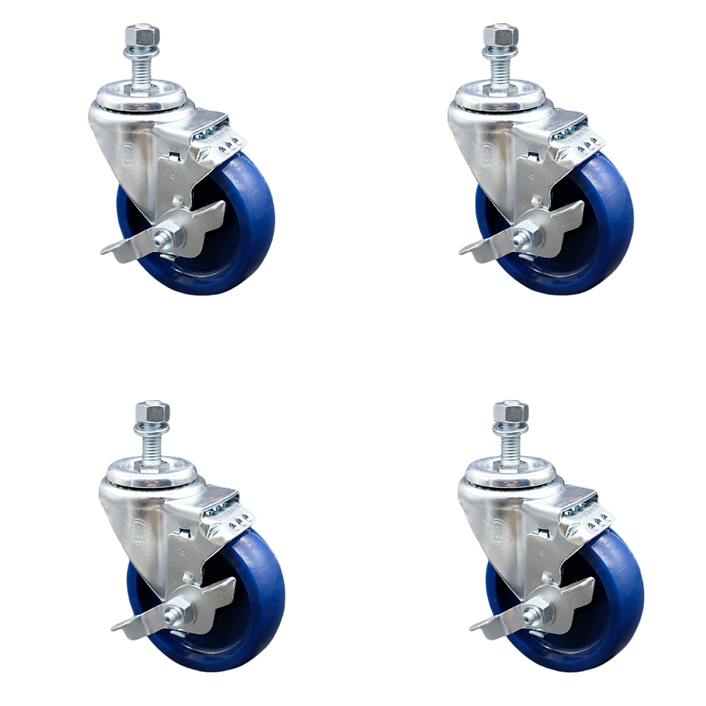 Stainless Steel Solid Polyurethane Swivel Threaded Stem Caster with 4 x 1.25 in. Blue Wheels & 0.5 in. Stems - Set of 4