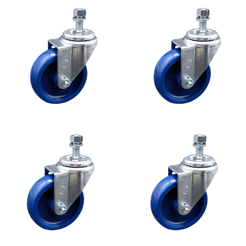 SCC-TS20S414-SPUS-381615-4 Solid Polyurethane Swivel Threaded Stem Caster with 4 x 1.25 in. Blue Wheels & 0.38 in. Stems - Set of 4