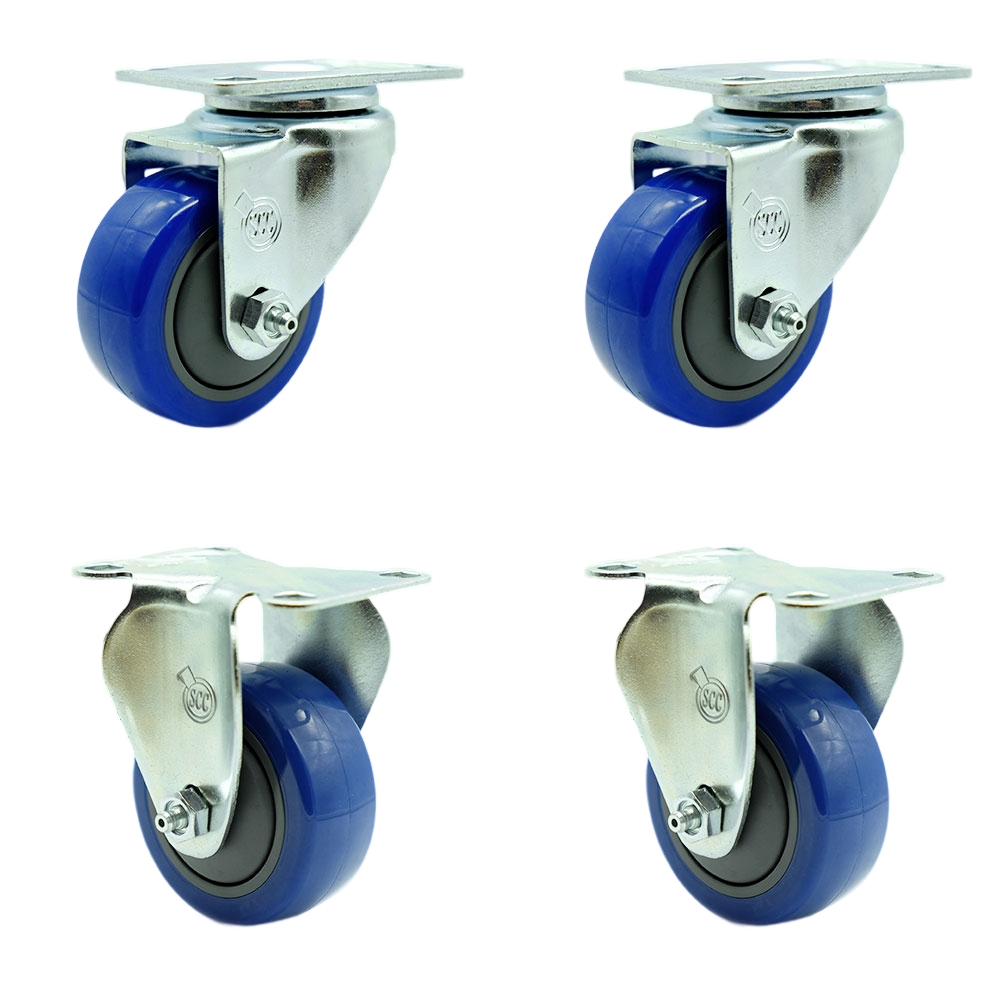 SCC-20S3514-PPUB-BLUE-TP2-2-R-2 Swivel Caster with 2 Rigid Casters 3.5 in. Blue Polyurethane Wheel 3.13 x 4.13 in. Overall Top Plate - Set of 4