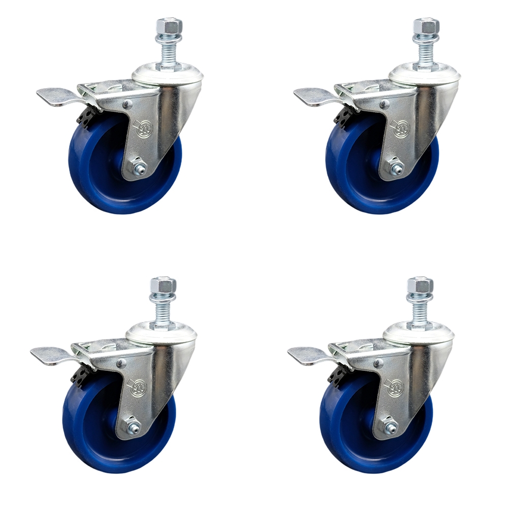 SCC-SSTSTTL20S414-SPUS-M1015-4 Stainless Steel Solid Polyurethane Swivel Threaded Stem Caster with 4 x 1.25 in. Blue Wheels & 10 mm Stems - Set of 4