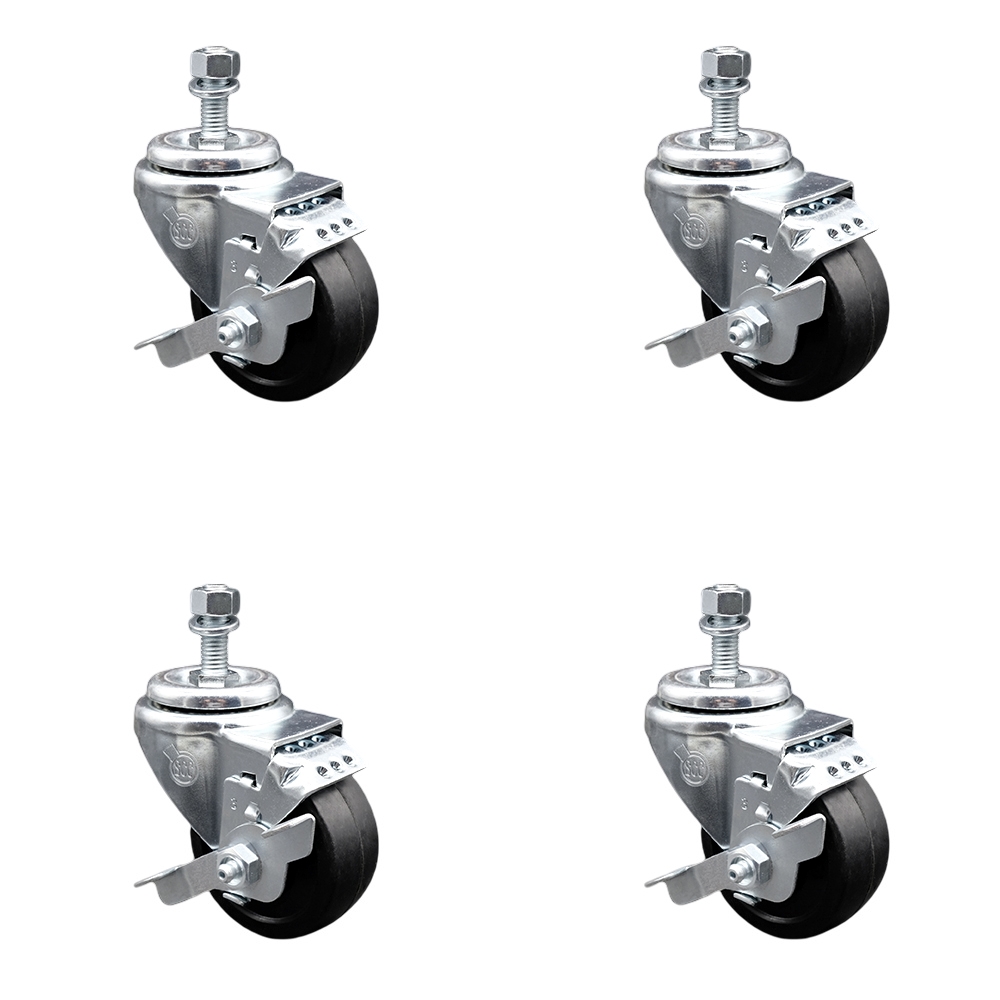 Stainless Steel Soft Rubber Swivel Threaded Stem Caster with 3.5 x 1.25 in. Black Wheels & 0.38 in. Stems - Set of 4