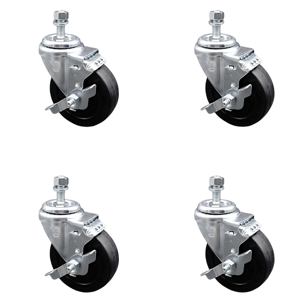 SCC-SSSSTS20S414-SRS-TLB-381615-4 Stainless Steel Soft Rubber Swivel Threaded Stem Caster with 4 x 1.25 in. Black Wheels & 0.38 in. Stems - Set of 4