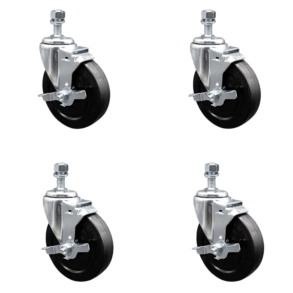SCC-SSSSTS20S514-SRS-TLB-M1215-4 Stainless Steel Soft Rubber Swivel Threaded Stem Caster with 5 x 1.25 in. Black Wheels & 12 mm Stems - Set of 4