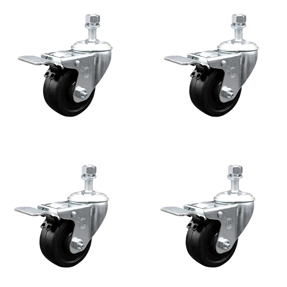 SCC-SSSSTSTTL20S314-SRS-M1015-4 Stainless Steel Soft Rubber Swivel Threaded Stem Caster with 3 x 1.25 in. Black Wheels & 10 mm Stems - Set of 4