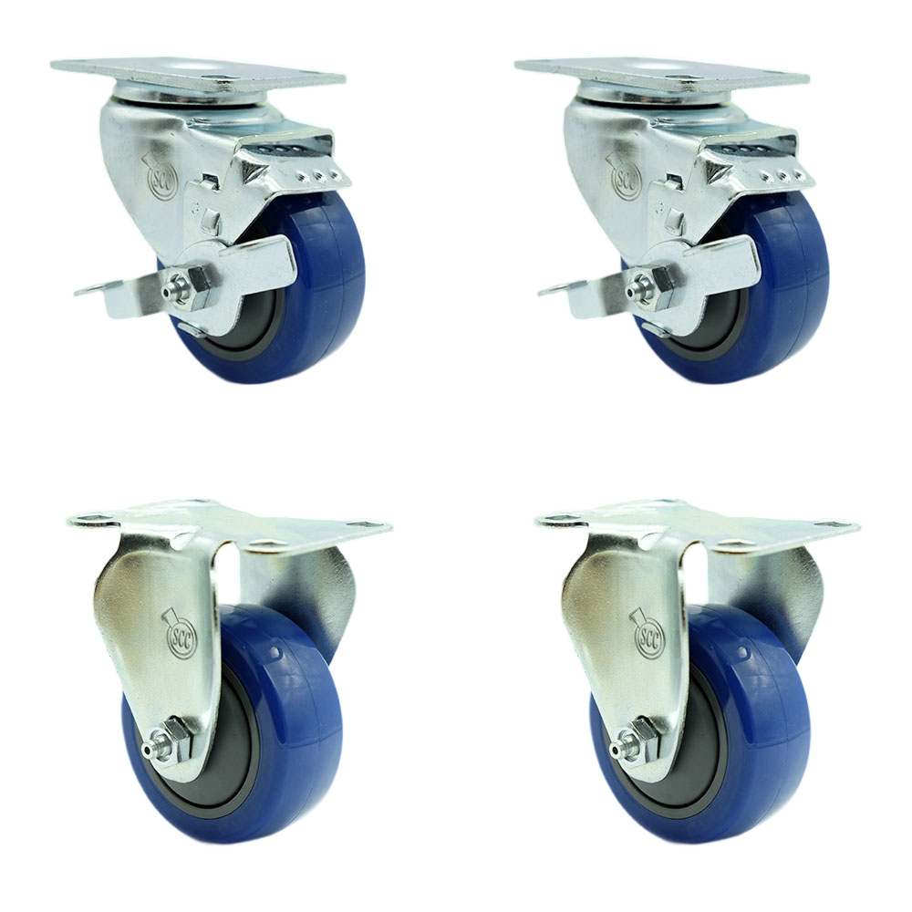 SCC-20S314-PPUB-BLUE-TLB-TP3-2-R-2 Swivel Caster with 2 Brakes & 2 Rigid 3 in. Blue Polyurethane Wheel 4 x 4.5 in. Overall Top Plate - Set of 4