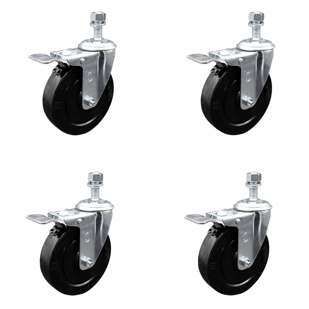 SCC-SSSSTSTTL20S514-SRS-M1015-4 Stainless Steel Soft Rubber Swivel Threaded Stem Caster with 5 x 1.25 in. Black Wheels & 10 mm Stems - Set of 4