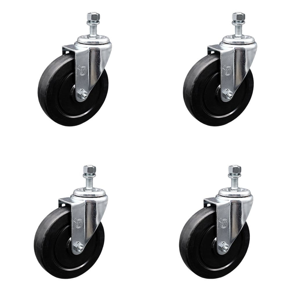 SCC-SSSSTS20S514-SRS-M1215-4 Stainless Steel Soft Rubber Swivel Threaded Stem Caster with 5 x 1.25 in. Black Wheels & 12 mm Stems - Set of 4