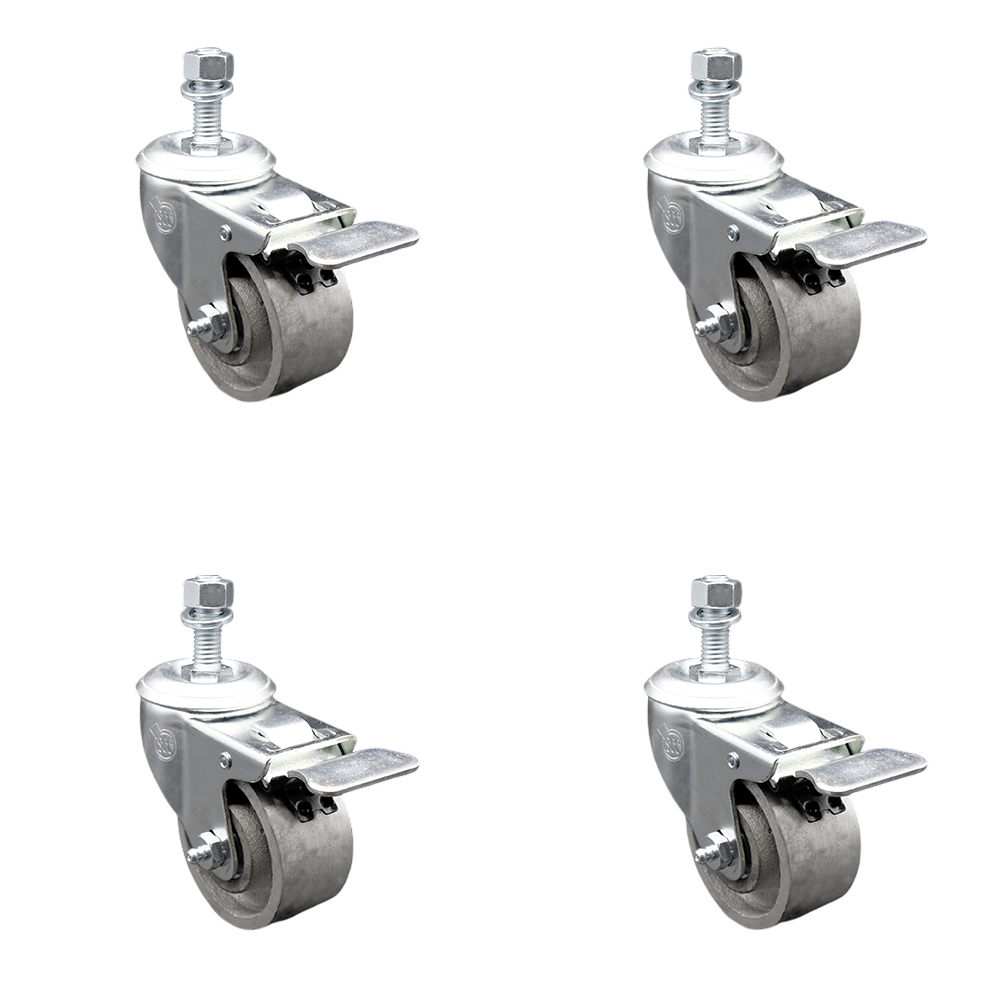 Semi Steel Cast Iron Swivel Threaded Stem Caster with Roller Bearing, 3 x 1.5 in. Silver Wheels & 10 mm Stems - Set of 4