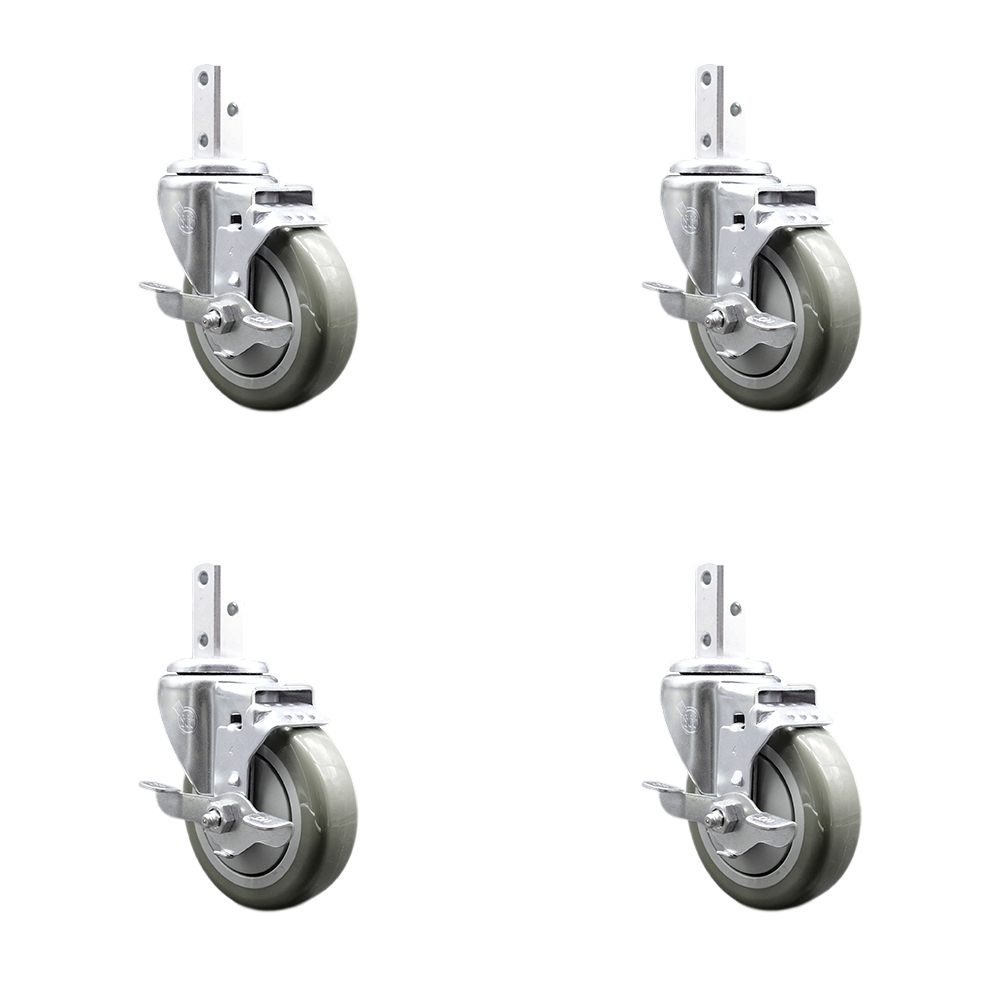Swivel Square Stem Caster with 4 x 1.25 in. Gray Poly Wheel, 0.87 x 2 in. Square Stem with 3 0.26 in. Diameter Mounting Holes - Set of 4