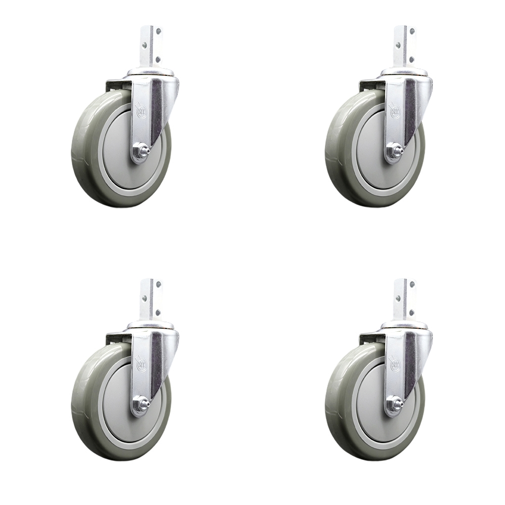 Swivel Square Stem Caster with 5 x 1.25 in. Gray Polyurethane Wheel, 0.75 x 2 in. Square Stem with 3 0.26 in. Diameter Mounting Holes - Set of 4